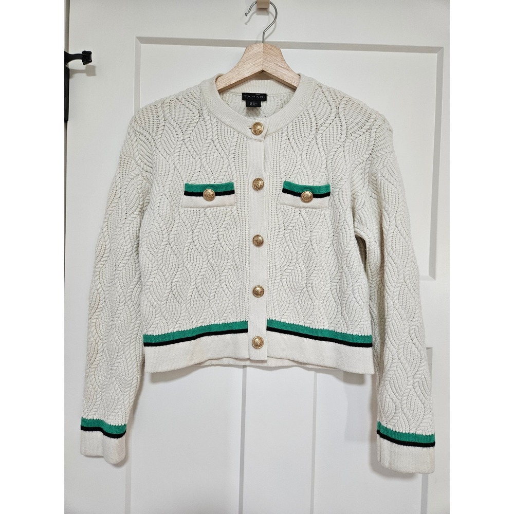 Tahari XS Cable Knit Cardigan Ivory Green Gold Crest Buttons Tennis Preppy